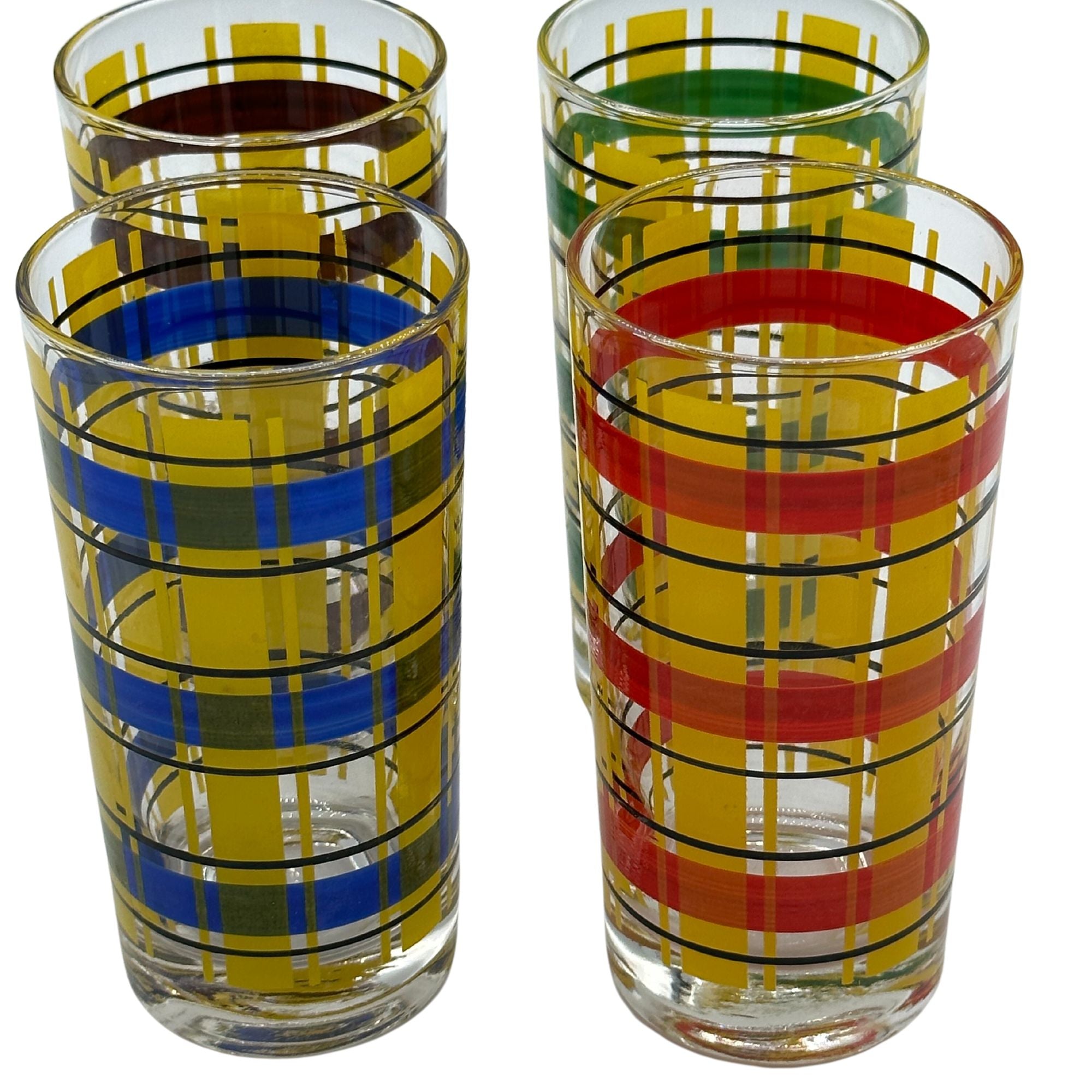 mod vintage glass drinking glasses w/ red & white stripes, fun retro  glassware set